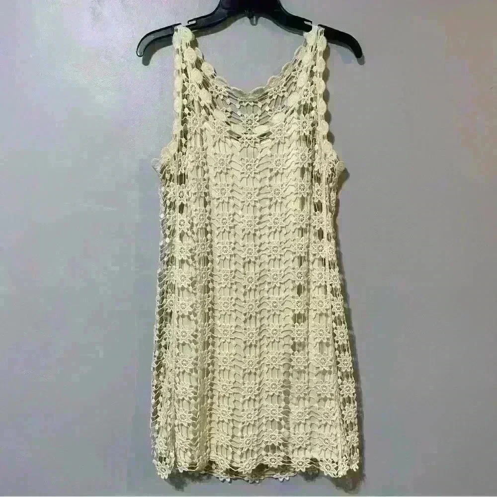 Teeze Me Dress Womens Beige  A Line Sleeveless Mini Crochet Floral Beach Size S
